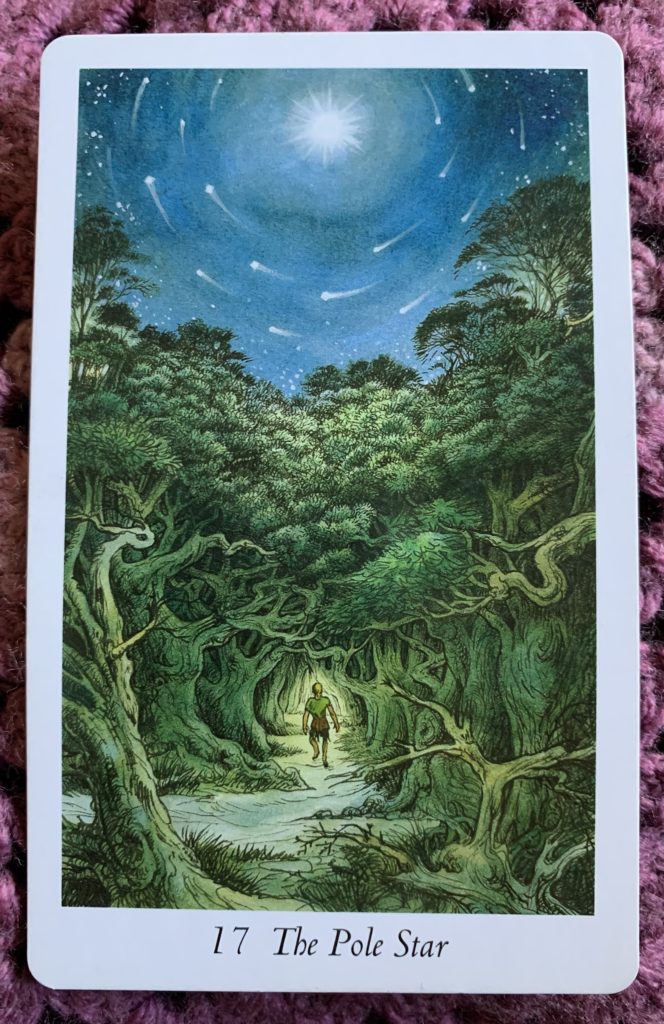 The Pole Star in the Wildwood Tarot replaces the traditional Star card from the Rider-Waite deck. It shows a man walking on a path in the forest comprised of gnarled trees, while smaller stars swirl around Polaris above.