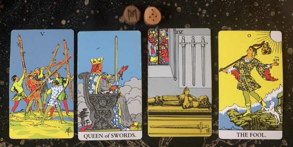 5 of Wands, Queen of Swords, 4 of Swords, The Fool