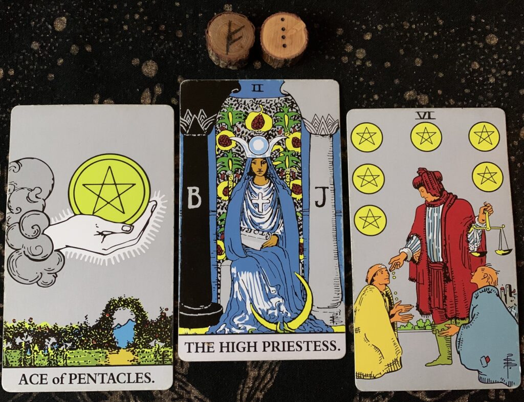 L-R Ace of Pentacles, The High Priestess, 6 of Pentacles 