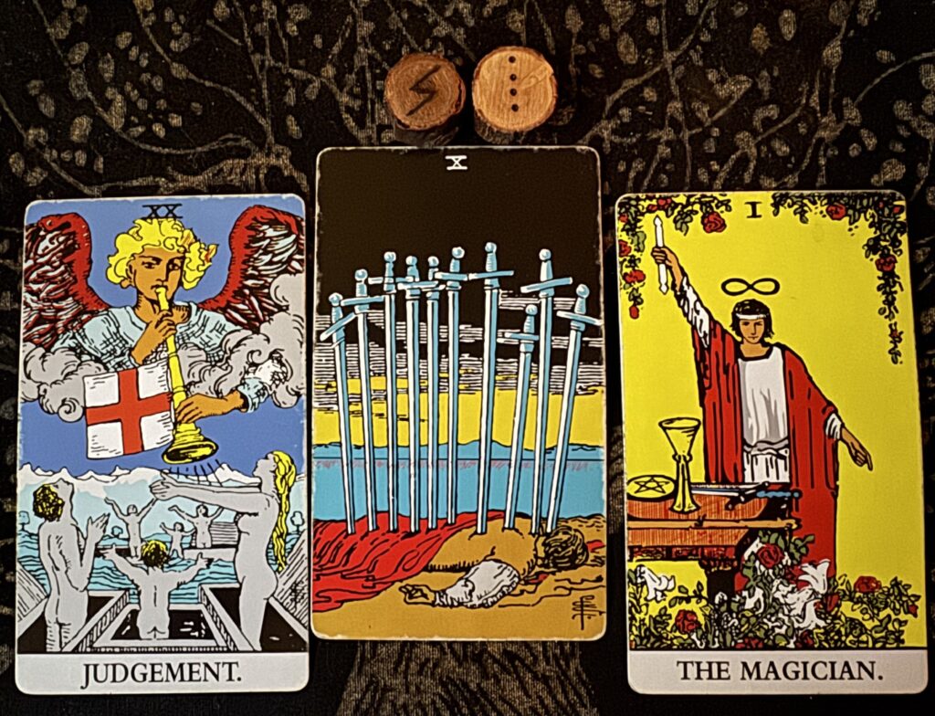 Runes: Sowilo, Via
Cards: Judgment, 10 of Swords, The Magician