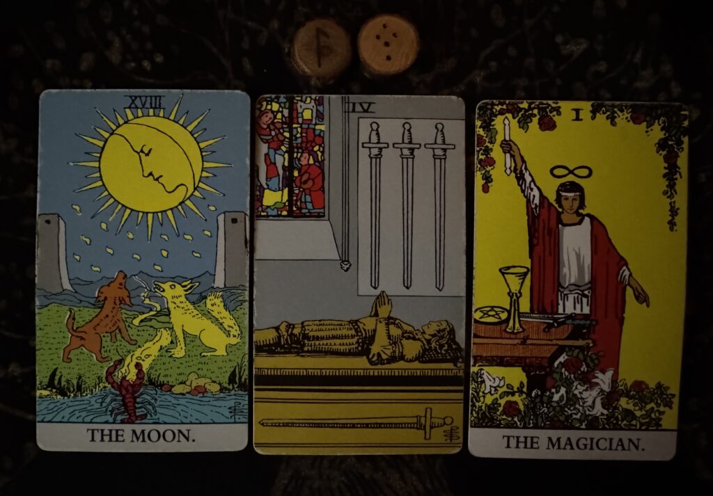 Runes: Laguz, Puella
Cards: The Moon, 4 of Swords, The Magician