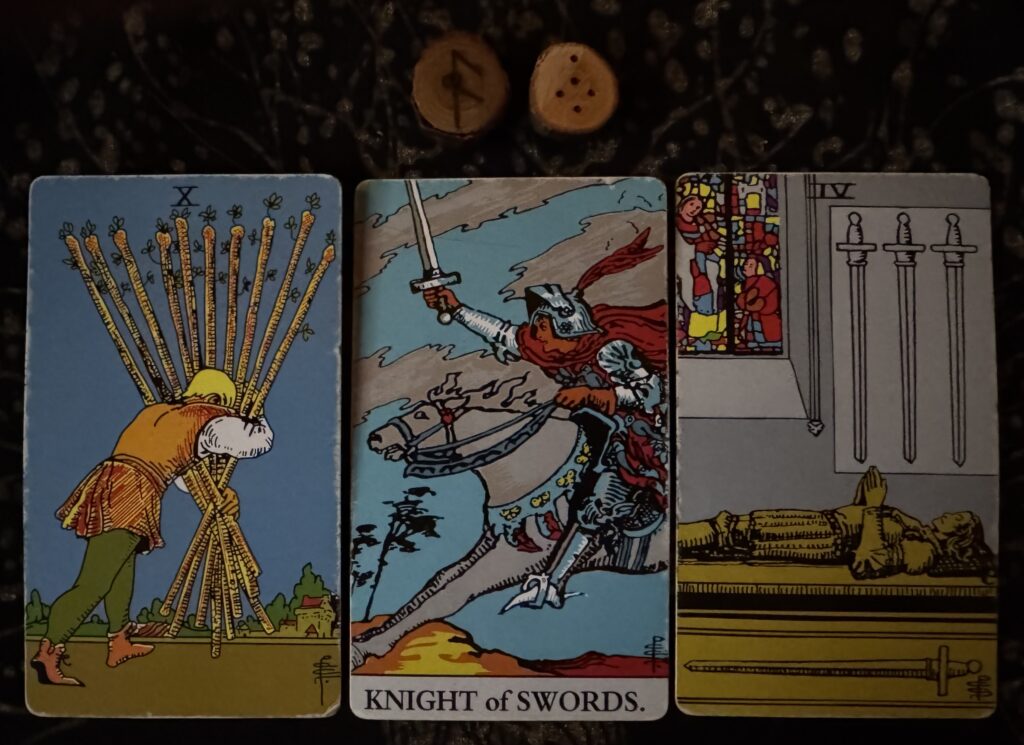 Runes: Ansuz, Puer
Cards: 10 of Wands, Knight of Swords, 4 of Swords