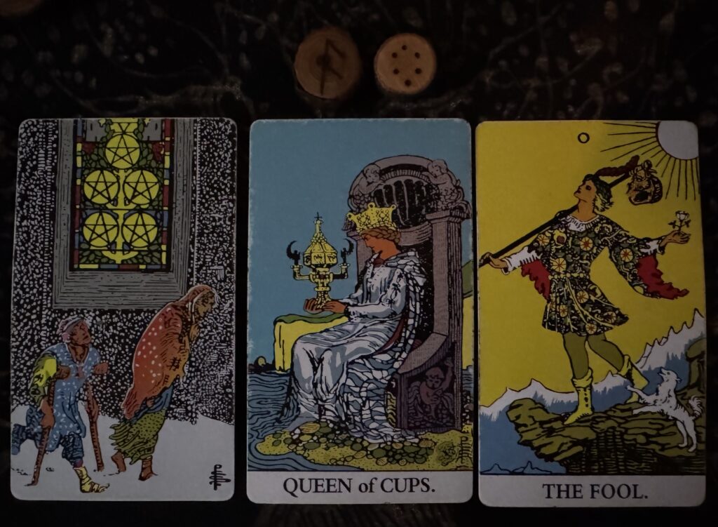 Runes: Ansuz, Carcer
Cards: 5 of Pentacles, Queen of Cups, The Fool