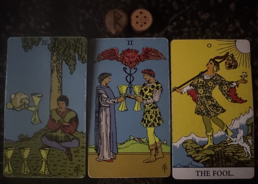 Runes: Raidho, Carcer
Cards: 4 of Cups, 2 of Cups, The Fool
