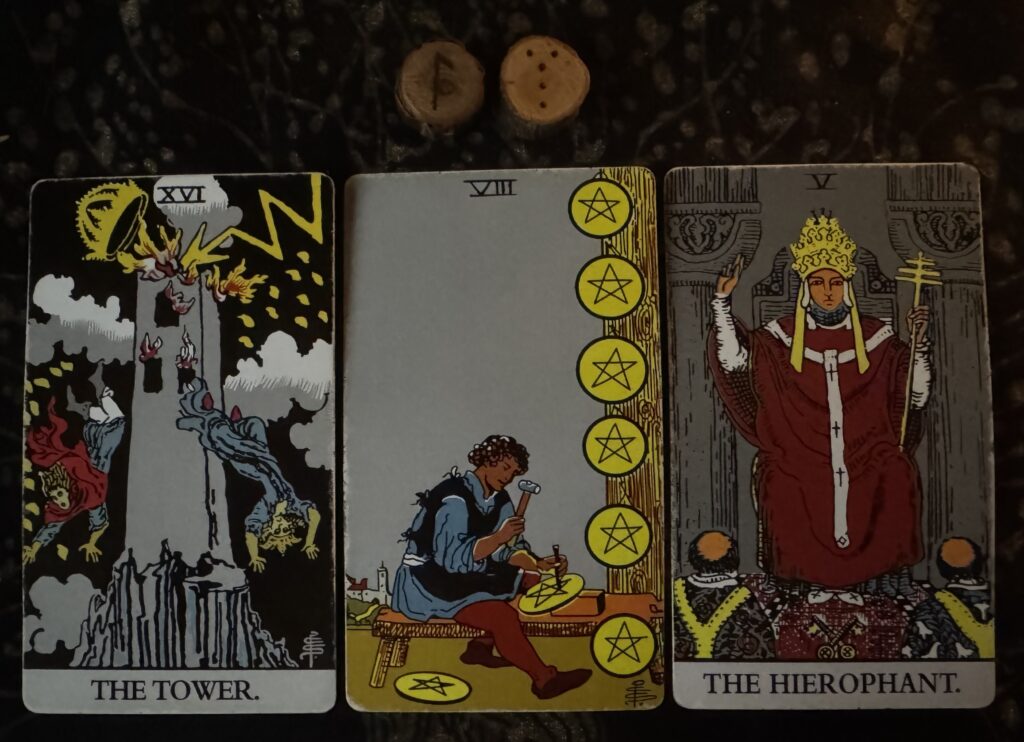 Runes: Laguz, Caput Draconis
Cards: The Tower, 8 of Pentacles, The Hierophant