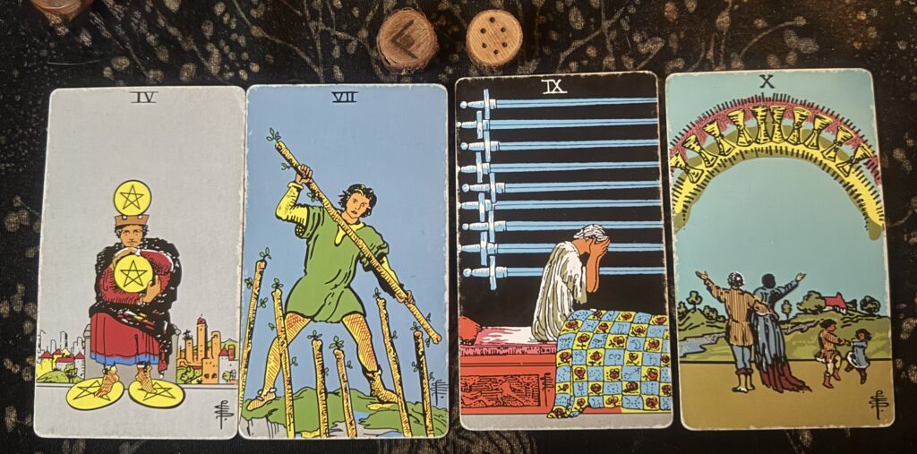Runes: Kenaz, Carcer
Cards: 4 of Pentacles, 7 of Wands, 9 of Swords, and the 4th additional card: 10 of Cups