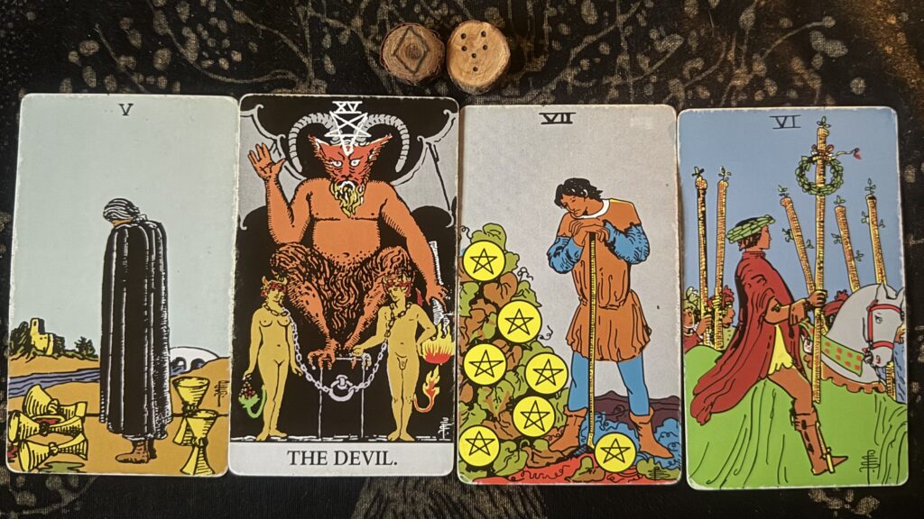 Runes: Inguz, Fortuna Major
Cards: 5 of Cups, The Devil (add'l card), 7 of Pentacles, 6 of Wands