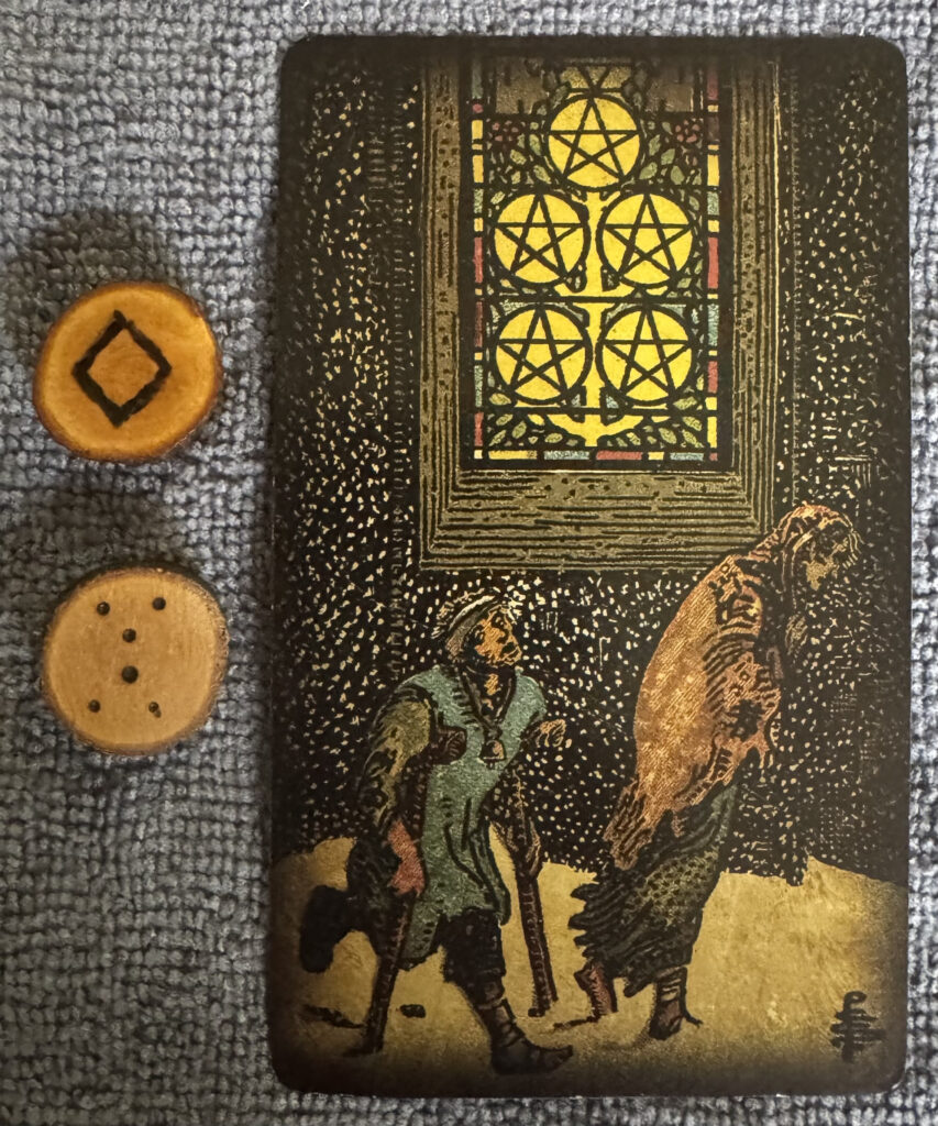 Runes: Inguz, Conjunctio
Card: 5 of Pentacles