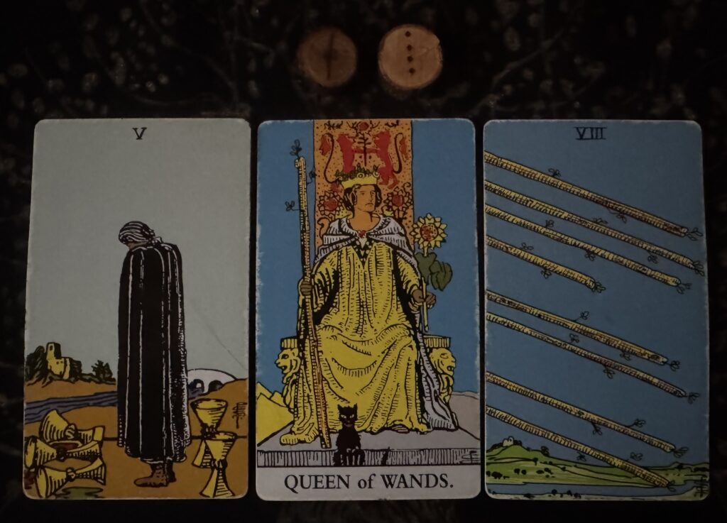 Runes: Isa, Via
Cards: 5 of Cups, Queen of Wands, 8 of Wands