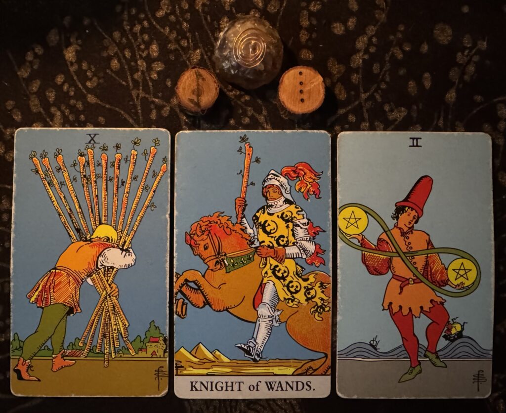 Runes: Eihwaz, Via
Cards: 10 of Wands, Knight of Wands, 2 of Pentacles