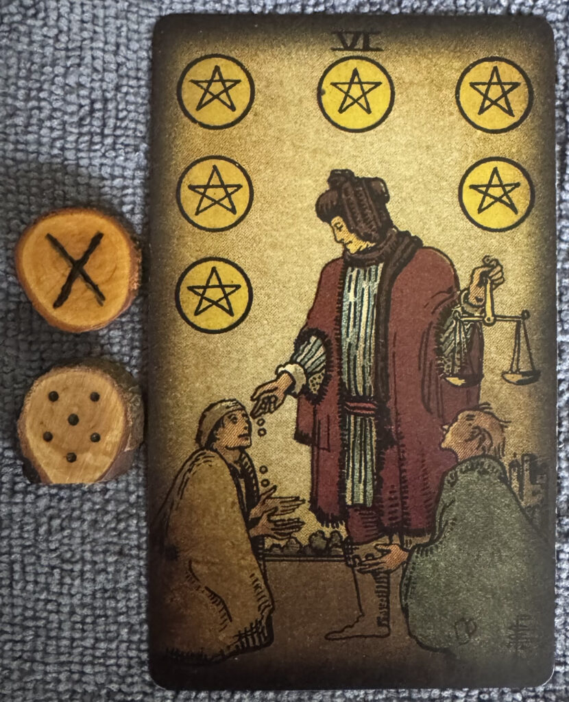 Runes: Gebo, Acquisitio
Card: 6 of Pentacles