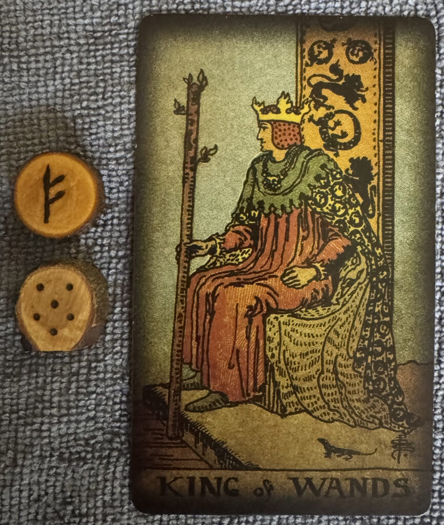 Runes: Fehu, Acquisitio
Card: King of Wands