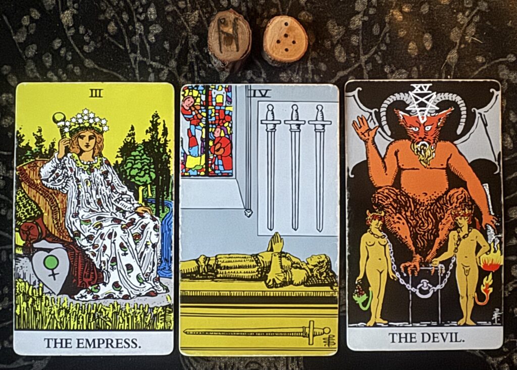 Runes: Hagalaz, Puer
Cards: The Empress, 4 of Swords, The Devil