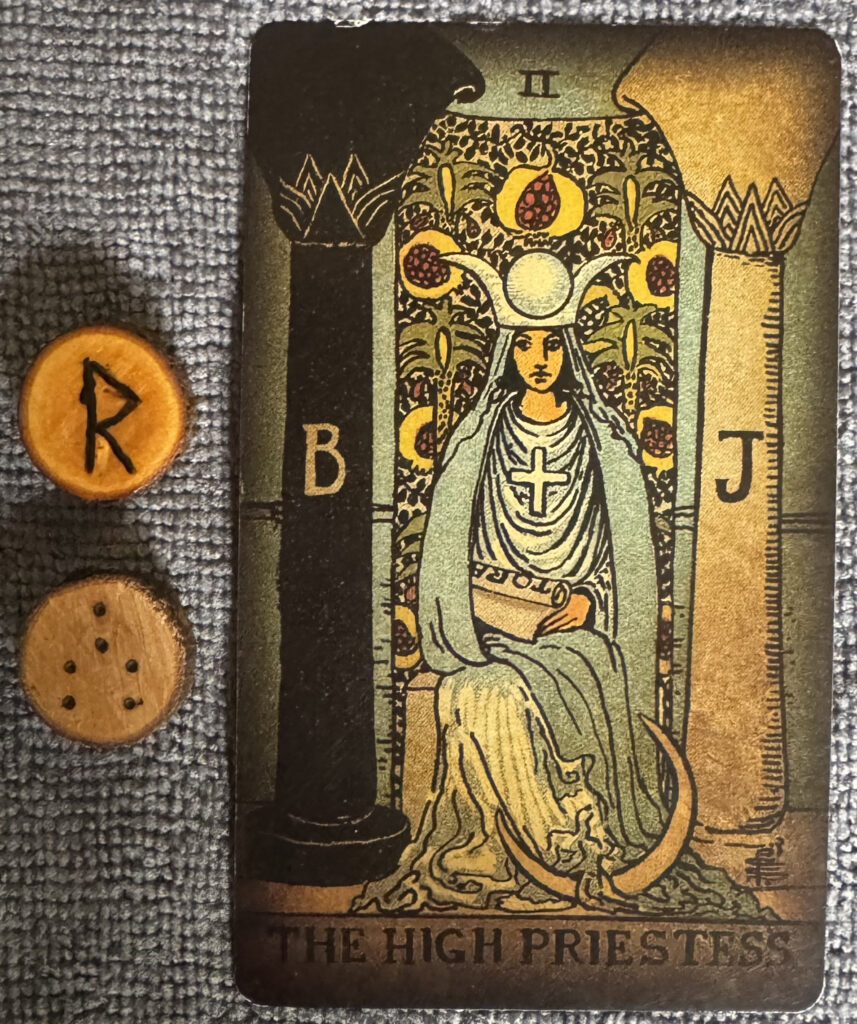 Runes: Raidho, Fortuna Minor
Card: The High Priestess