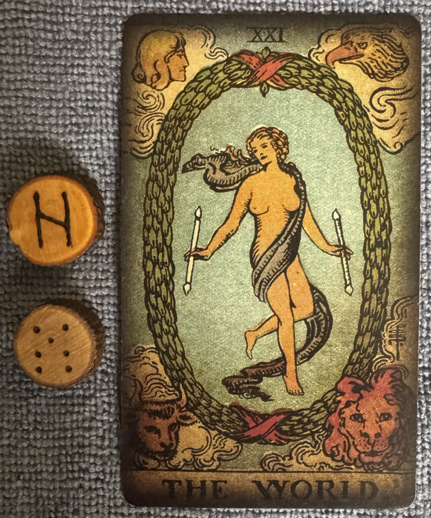 Runes: Hagalaz, Rubeus
Card: The World