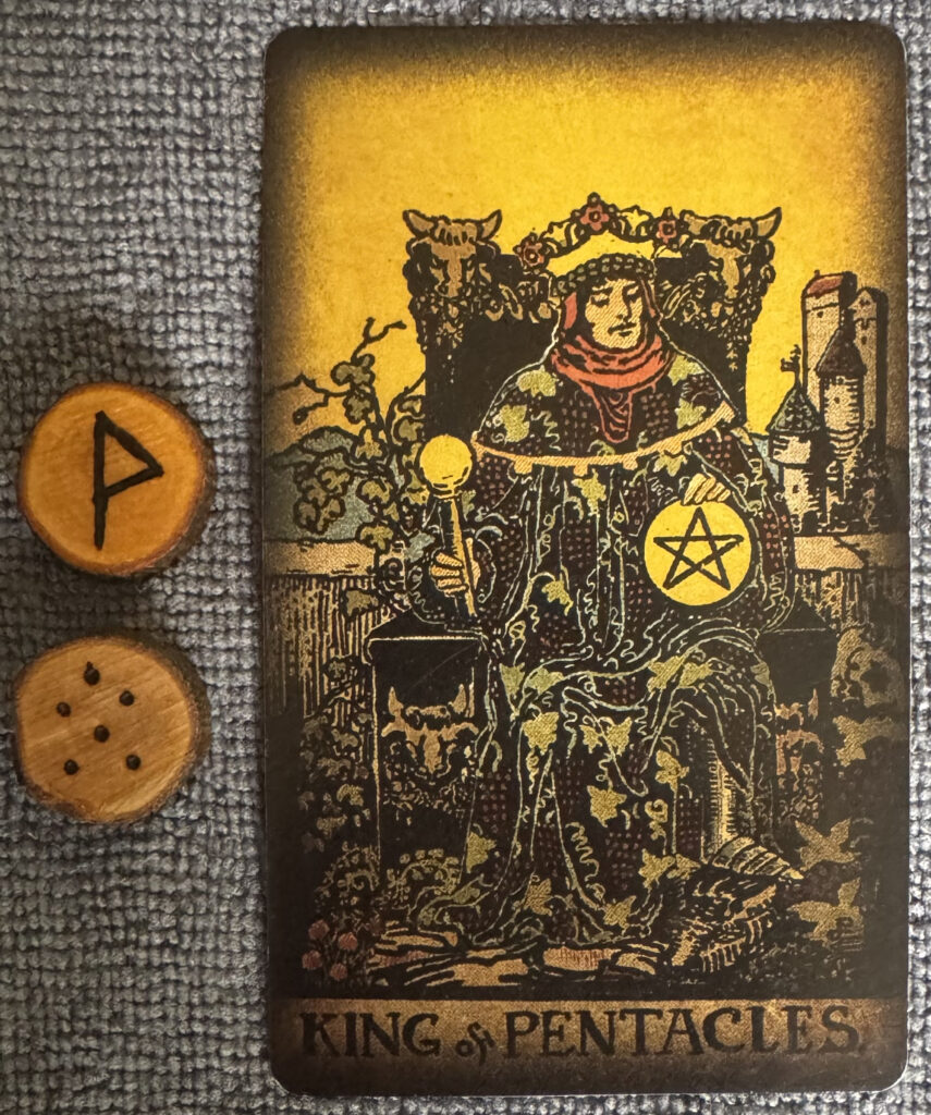 Runes: Wunjo, Amissio
Card: King of Pentacles